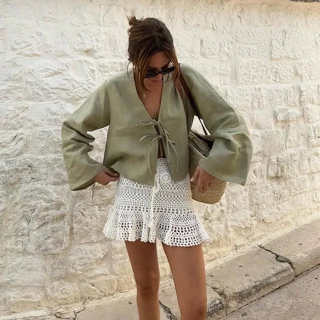 Blouse Femme - Col V Noué Manches Longues Amples