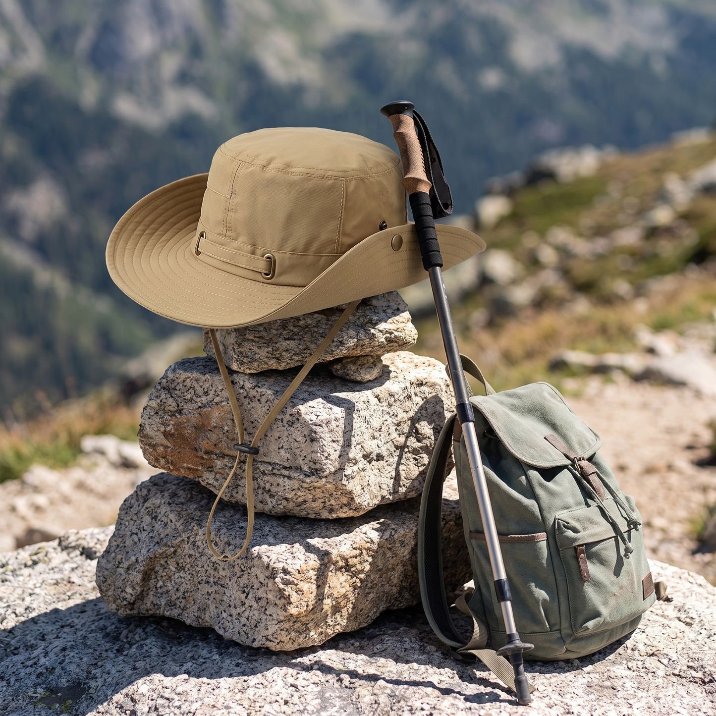 Anti-UV Wide Brim Trekking Hat, Water-Repellent Fabric with Adjustable Chin Strap