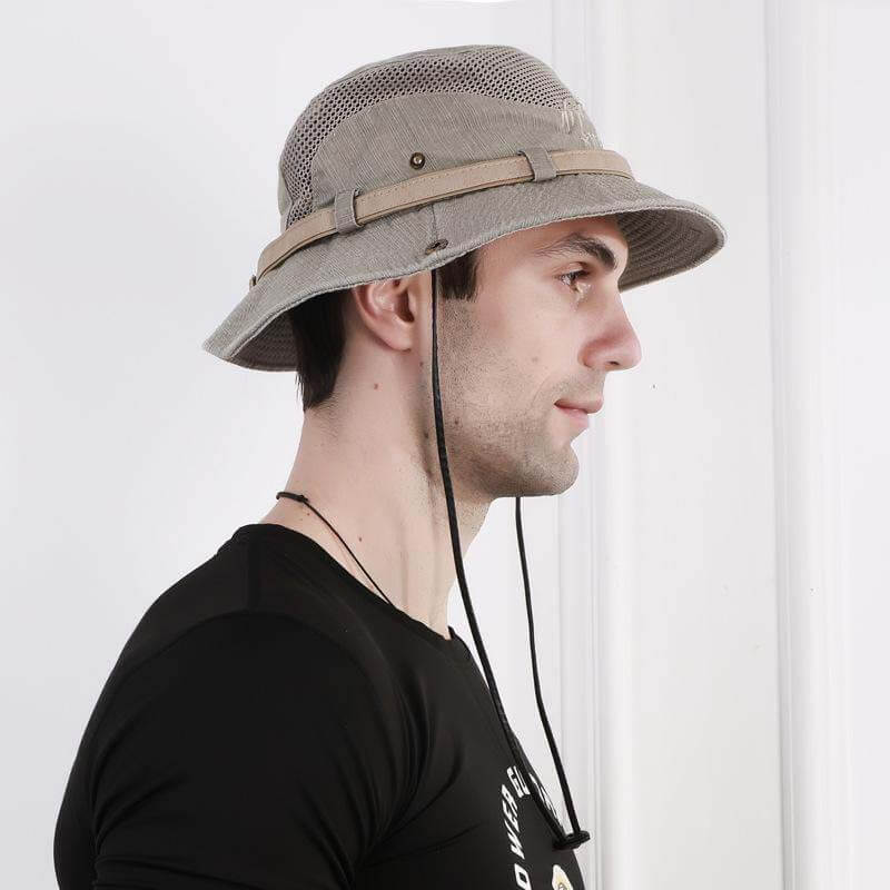 Chapeau de Brousse en Coton Respirant avec Panneau Mesh et Cordon pour Randonnée