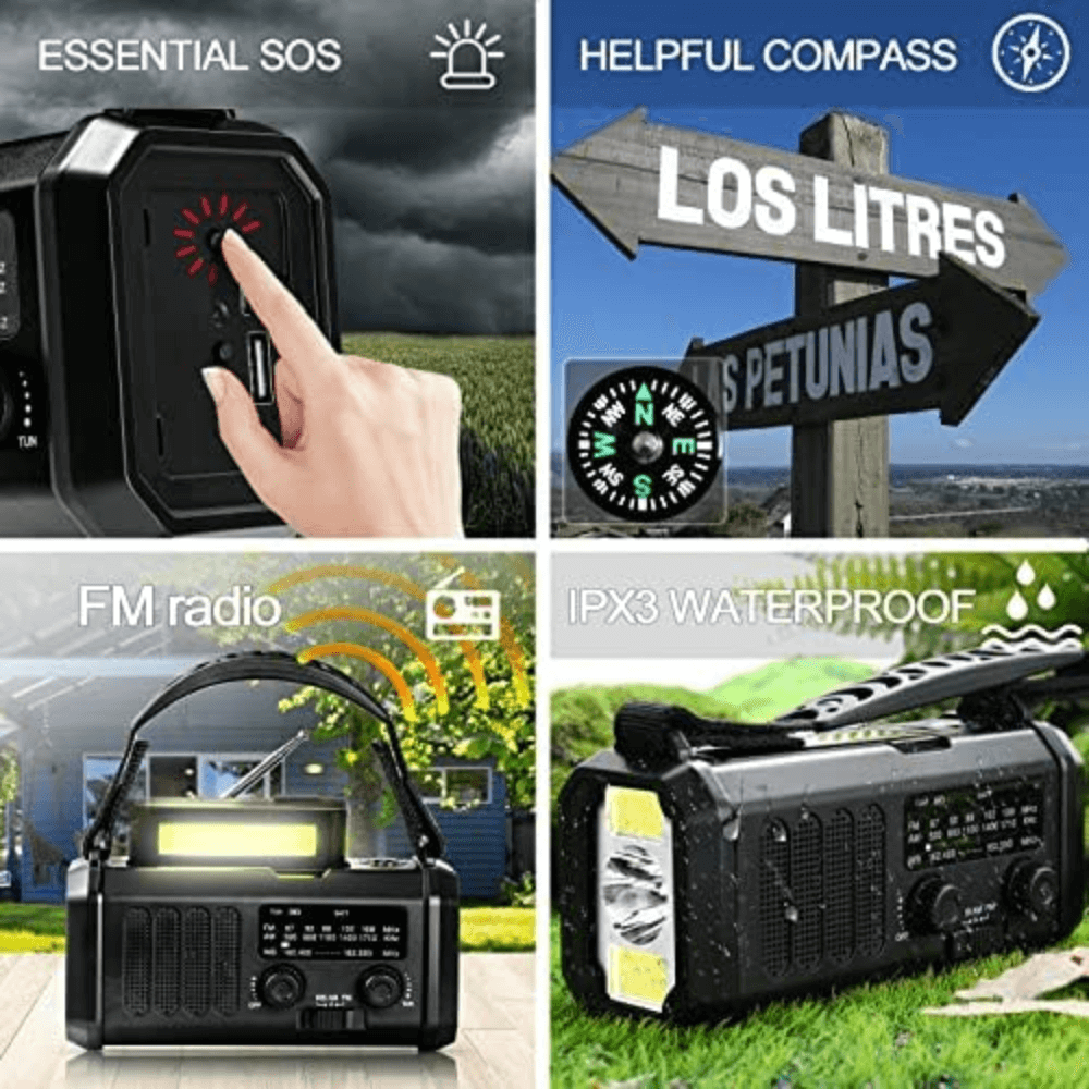 Emergency Radio 10000mAh Solar and Hand Crank, Power Bank with LED Lamp and AM/FM