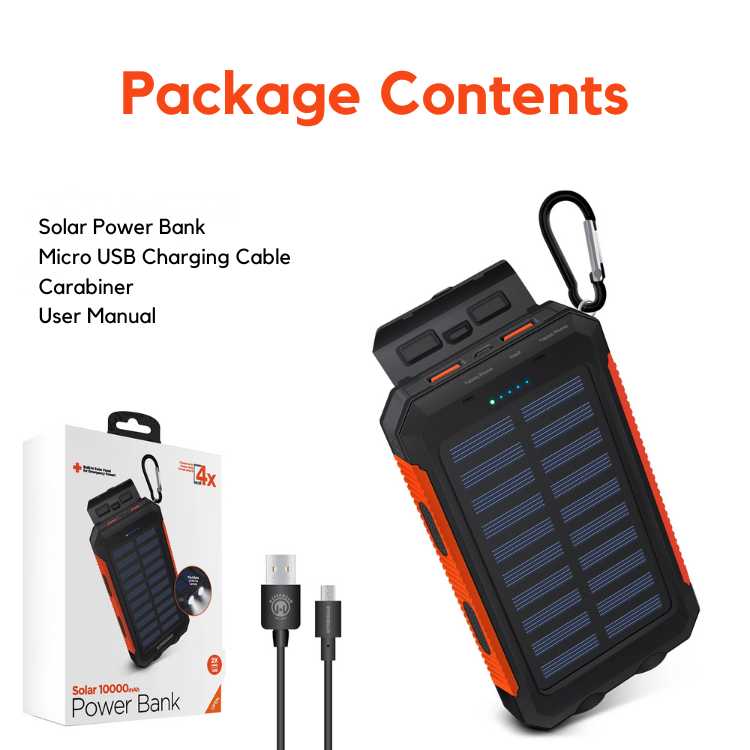 Batterie Externe Solaire 10000 mAh IP67, Double Port USB avec Mousqueton pour Randonnée