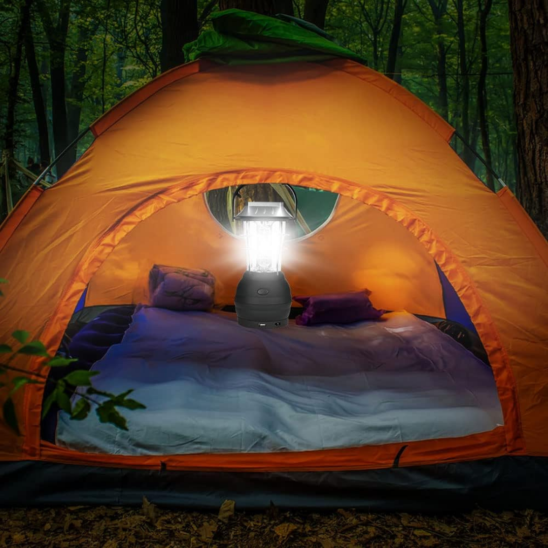 Lanterne de Camping LED Solaire et à Manivelle, 5 Modes de Charge avec Sortie USB, IP64