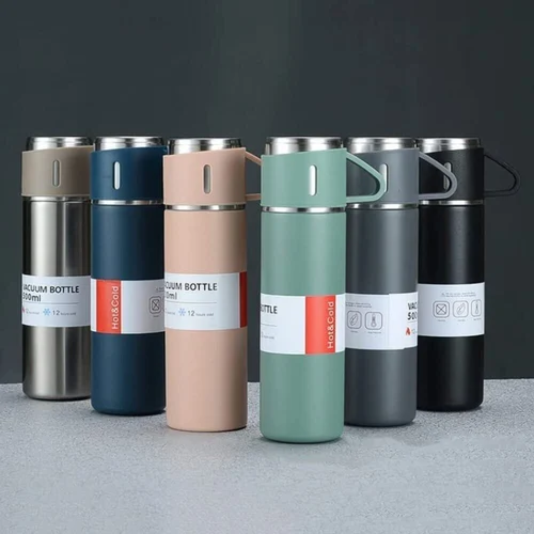 Stainless Steel Insulated Vacuum Flask 500ml with 2 Cups for Coffee and Tea