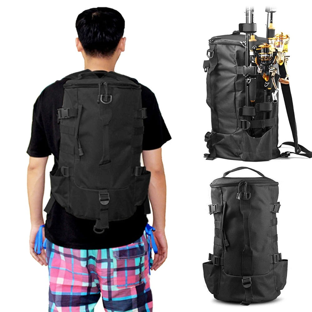 Sac à Dos de Pêche en Polyester avec Porte-Cannes Latéraux, Système MOLLE et Multi-Portage