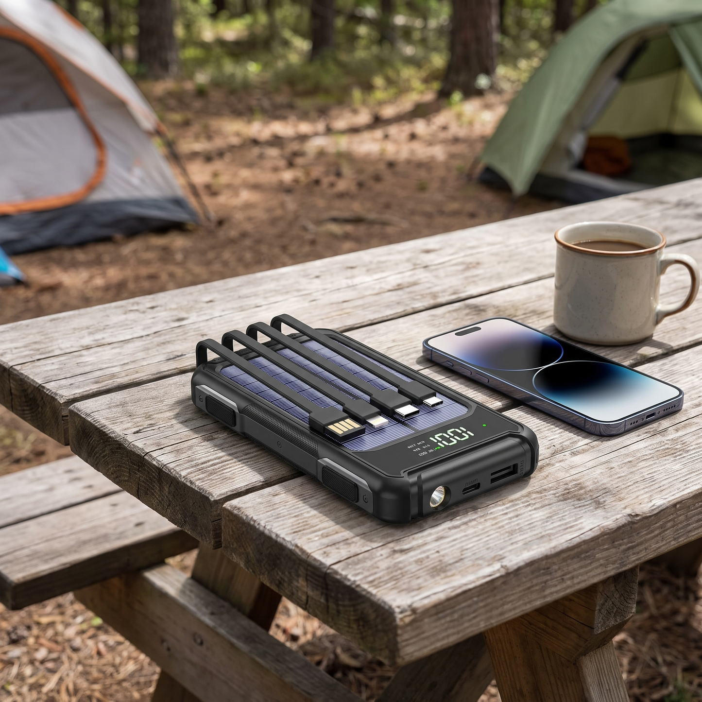 20000mAh Solar Power Bank with Built-in Cables and Fast Charging