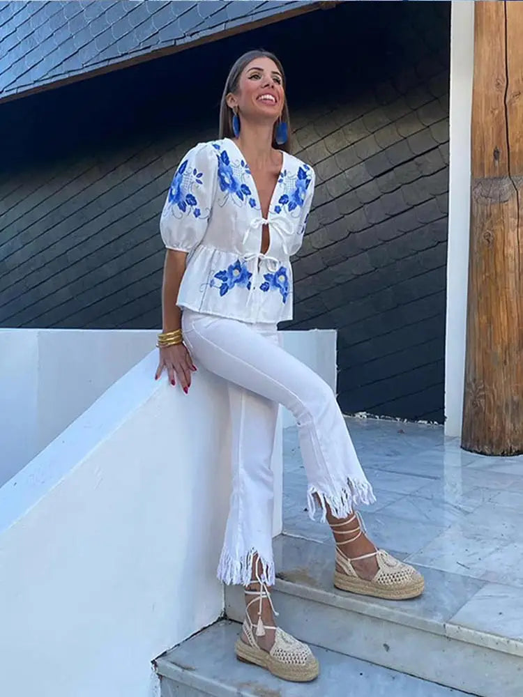 Blouse Femme - Décolleté V Noué Manches Courtes