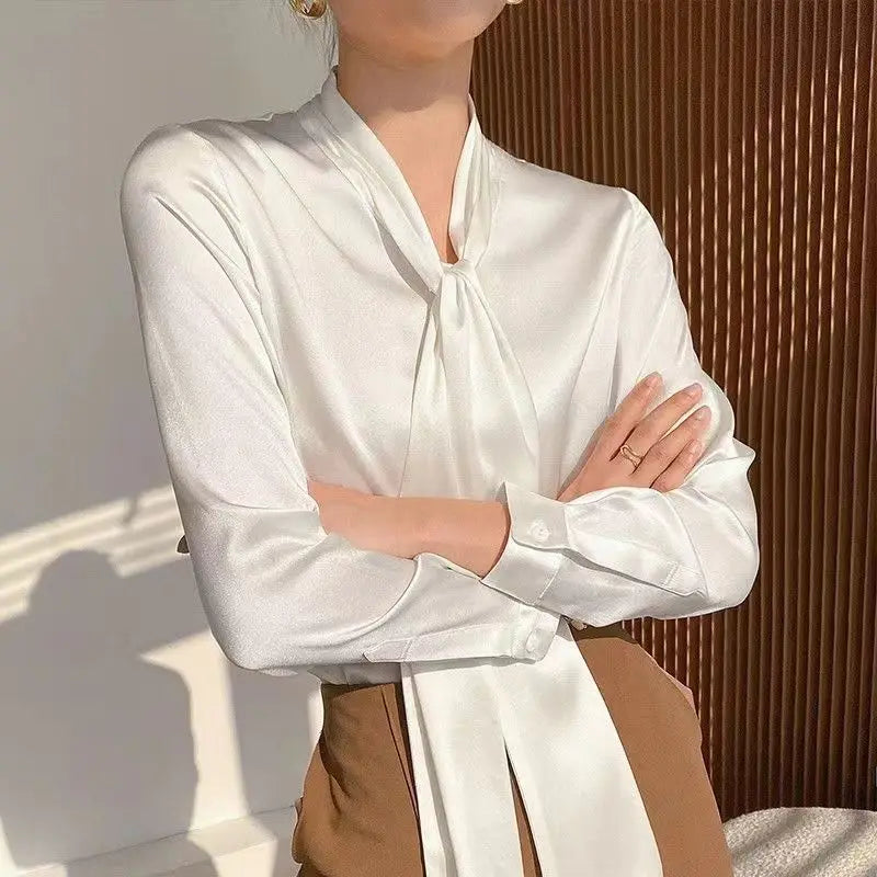 Women's Blouse - Long Sleeves Bow at the Collar