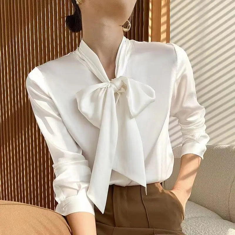 Women's Blouse - Long Sleeves Bow at the Collar