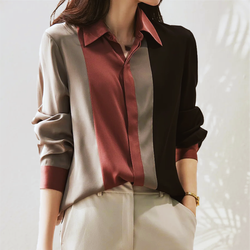 Women's Blouse - Elegant Satin Long Sleeves Classic Collar