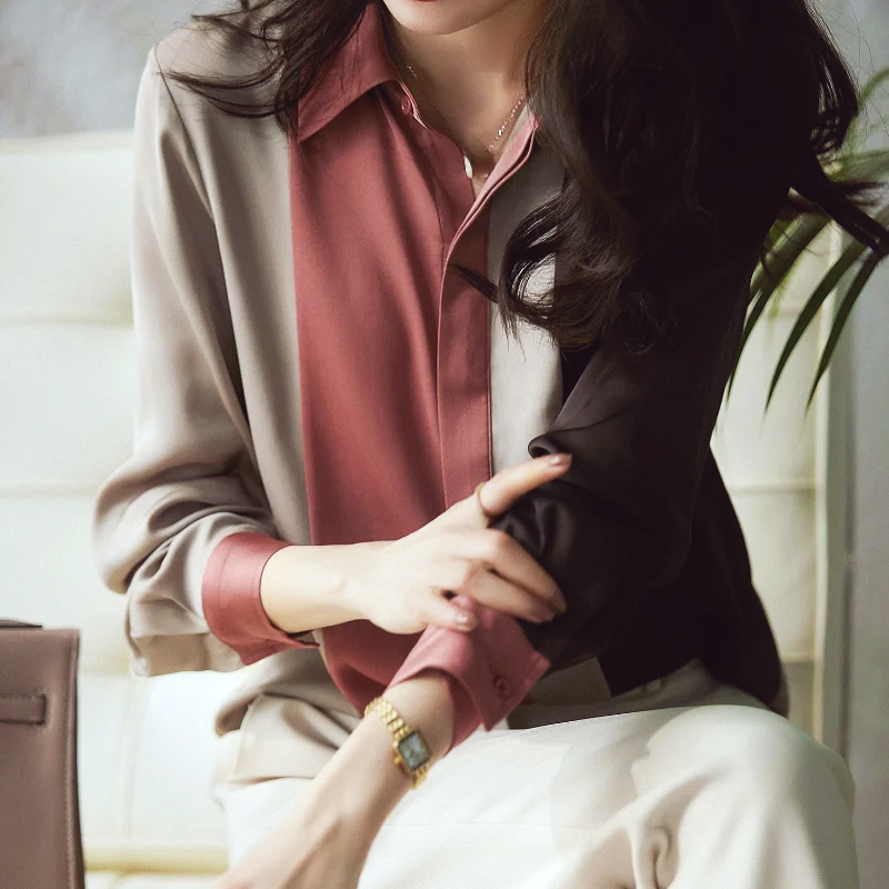 Women's Blouse - Elegant Satin Long Sleeves Classic Collar