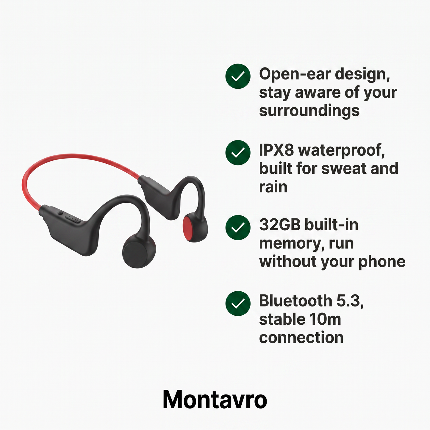Open-Ear Bone Conduction Headphones, Bluetooth 5.3 IPX8 Waterproof with 32GB Memory