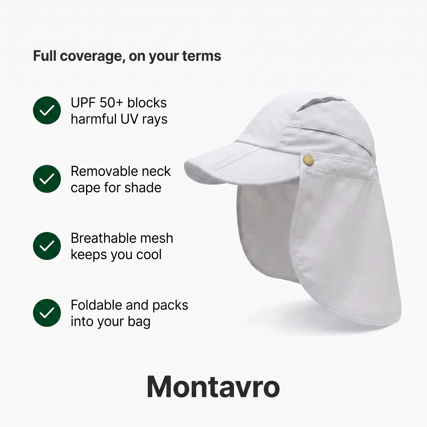UPF50+ UV Protection Cap with Removable Neck Flap and Brim for Hiking