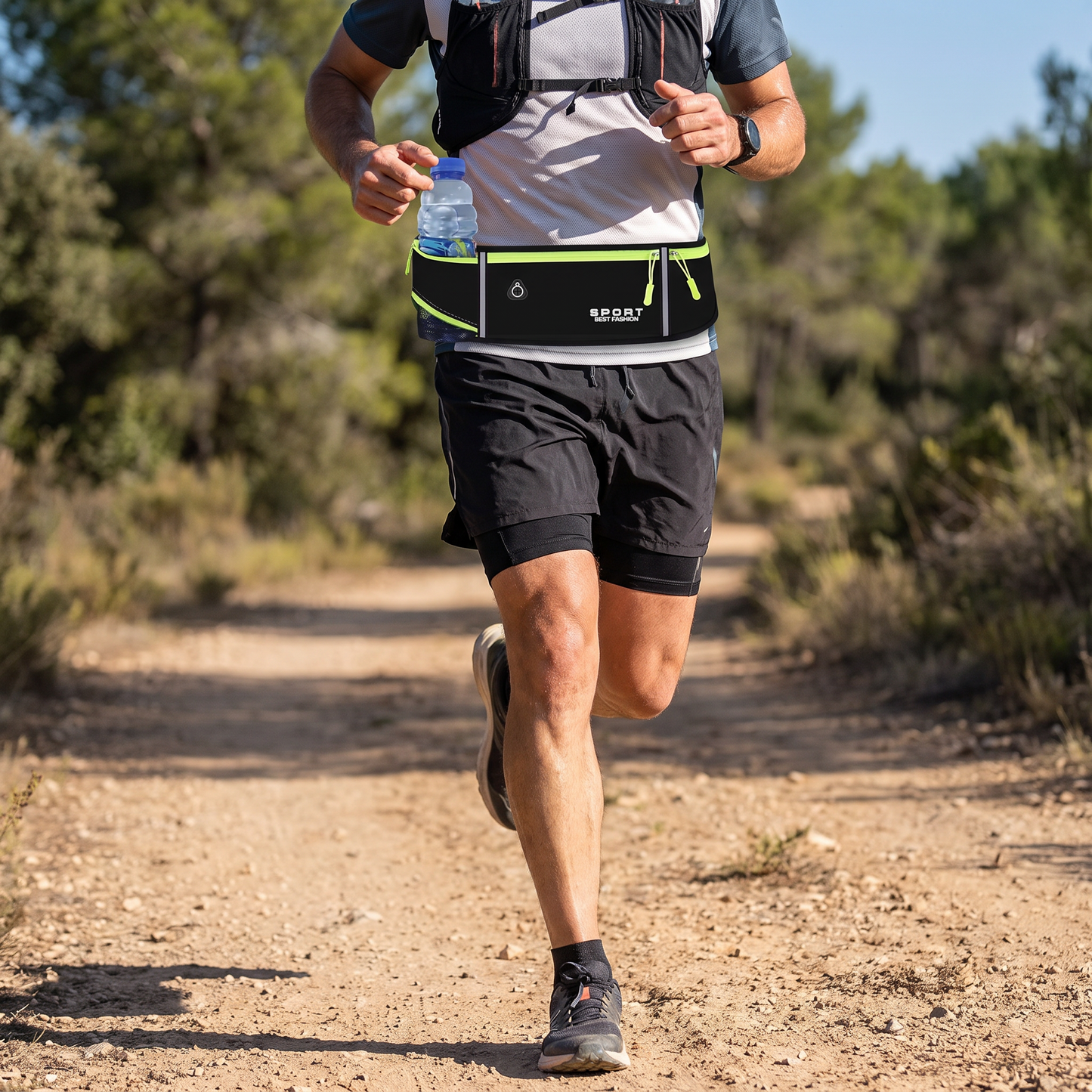 Running Belt with Hidden Water Bottle Holder, 3 Zippered Pockets and Reflective Strips