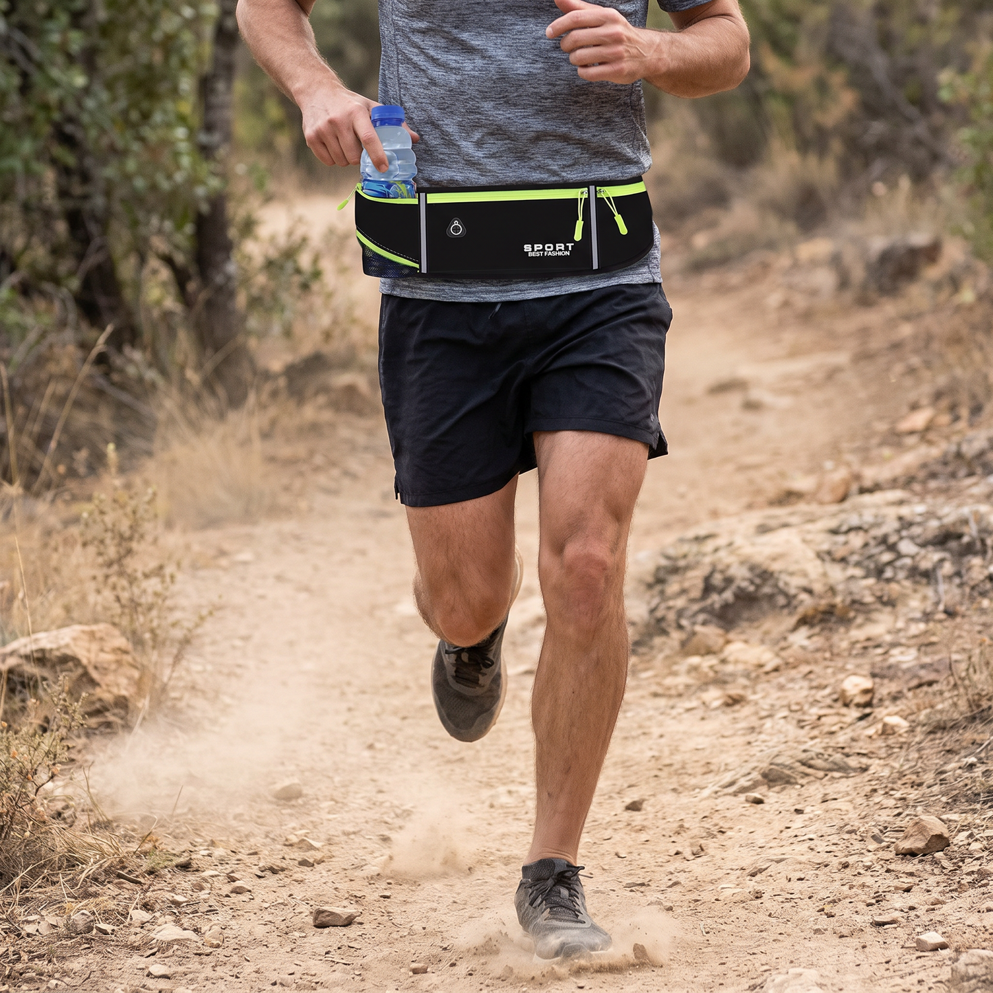 Running Belt with Hidden Water Bottle Holder, 3 Zippered Pockets and Reflective Strips