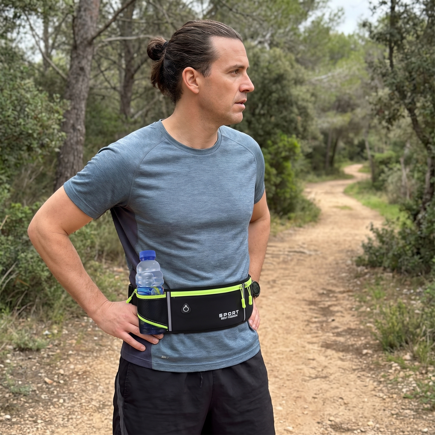 Running Belt with Hidden Water Bottle Holder, 3 Zippered Pockets and Reflective Strips