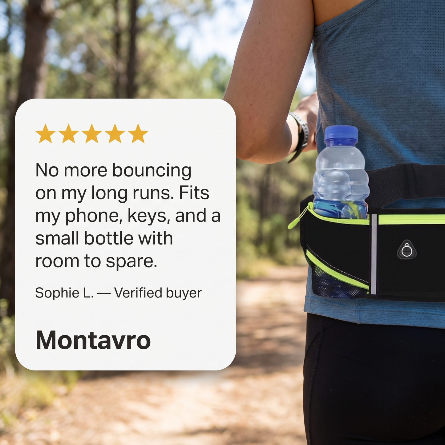 Running Belt with Hidden Water Bottle Holder, 3 Zippered Pockets and Reflective Strips