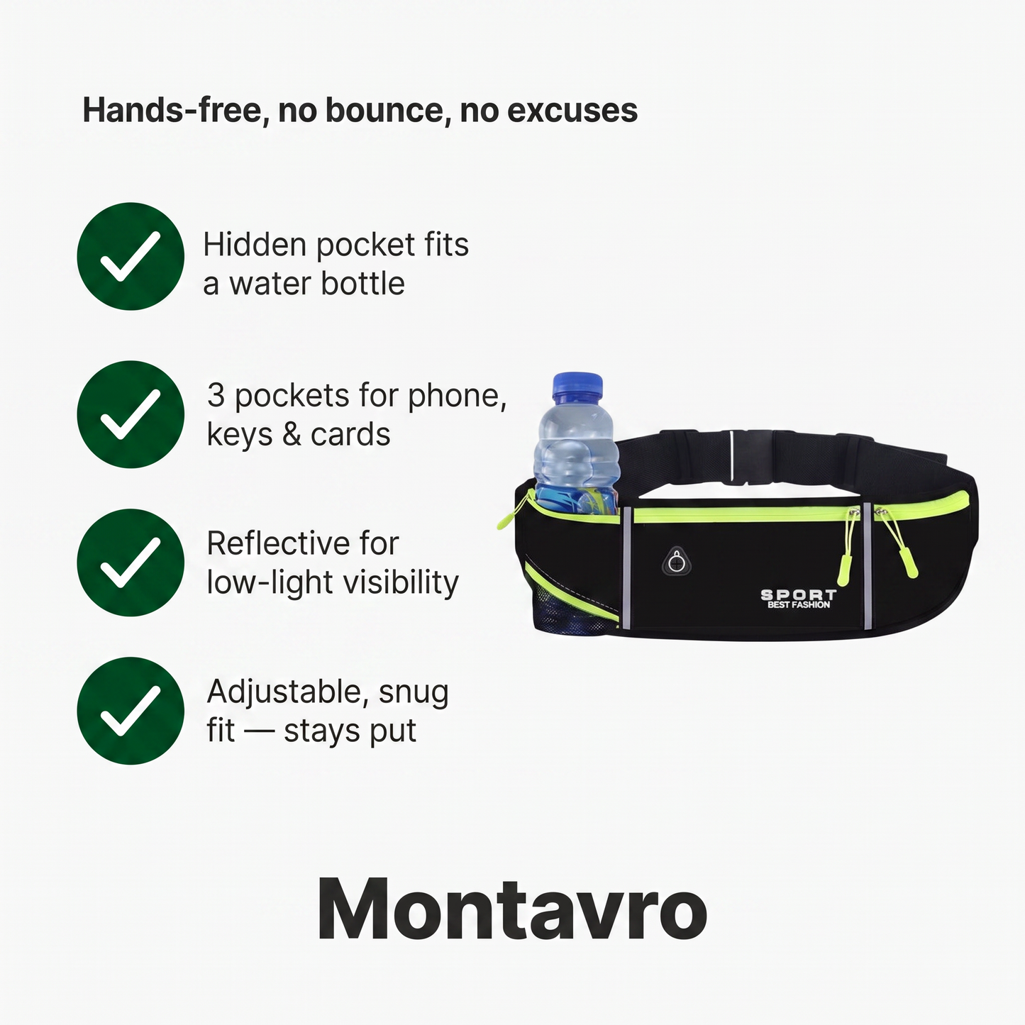 Running Belt with Hidden Water Bottle Holder, 3 Zippered Pockets and Reflective Strips