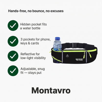 Running Belt with Hidden Water Bottle Holder, 3 Zippered Pockets and Reflective Strips