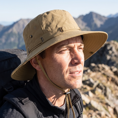Anti-UV Wide Brim Trekking Hat, Water-Repellent Fabric with Adjustable Chin Strap