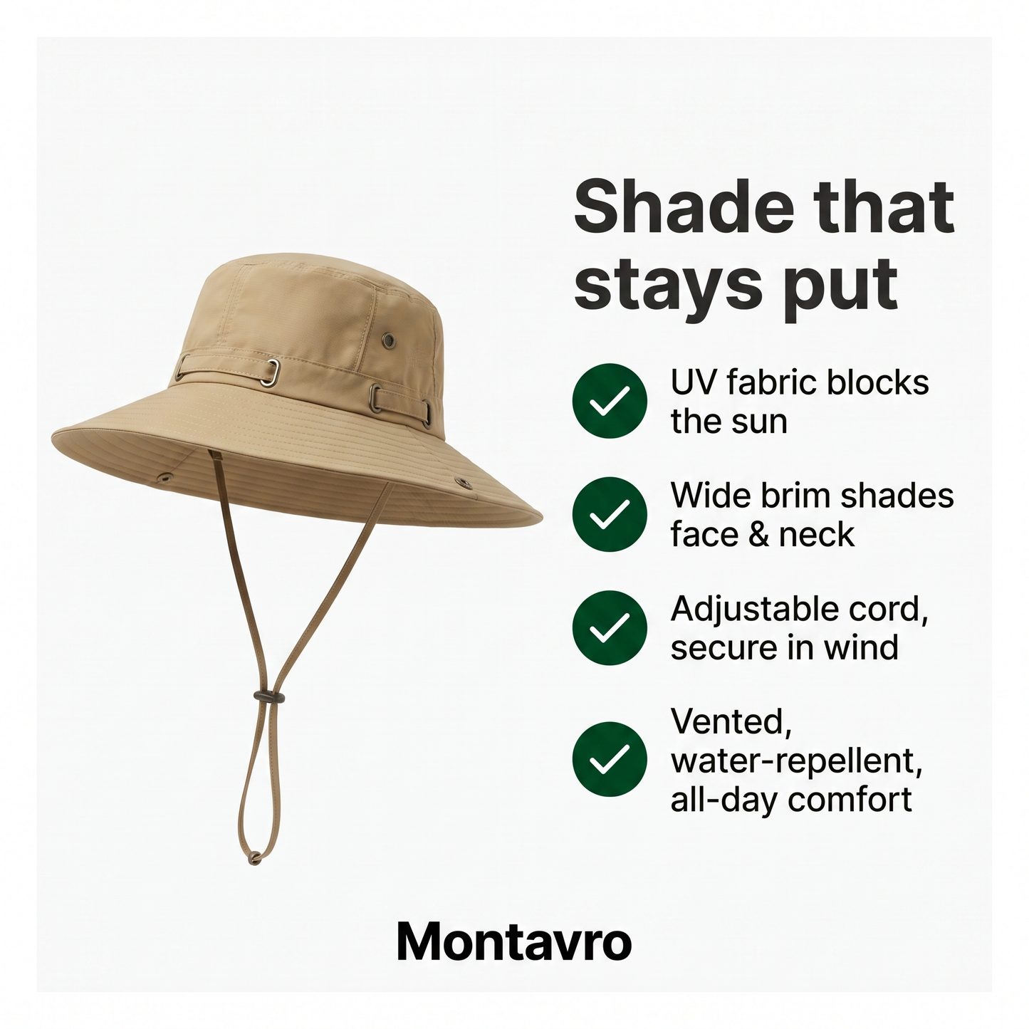 Anti-UV Wide Brim Trekking Hat, Water-Repellent Fabric with Adjustable Chin Strap