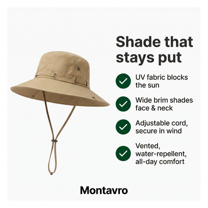 Anti-UV Wide Brim Trekking Hat, Water-Repellent Fabric with Adjustable Chin Strap