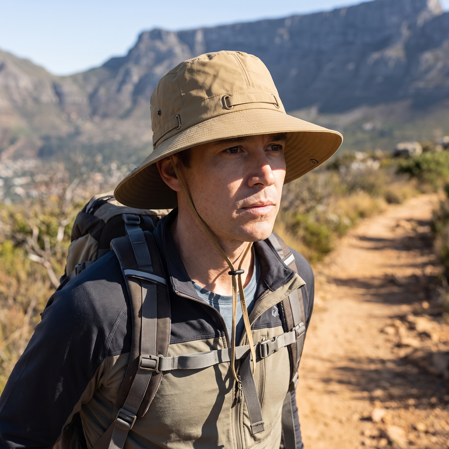 Anti-UV Wide Brim Trekking Hat, Water-Repellent Fabric with Adjustable Chin Strap