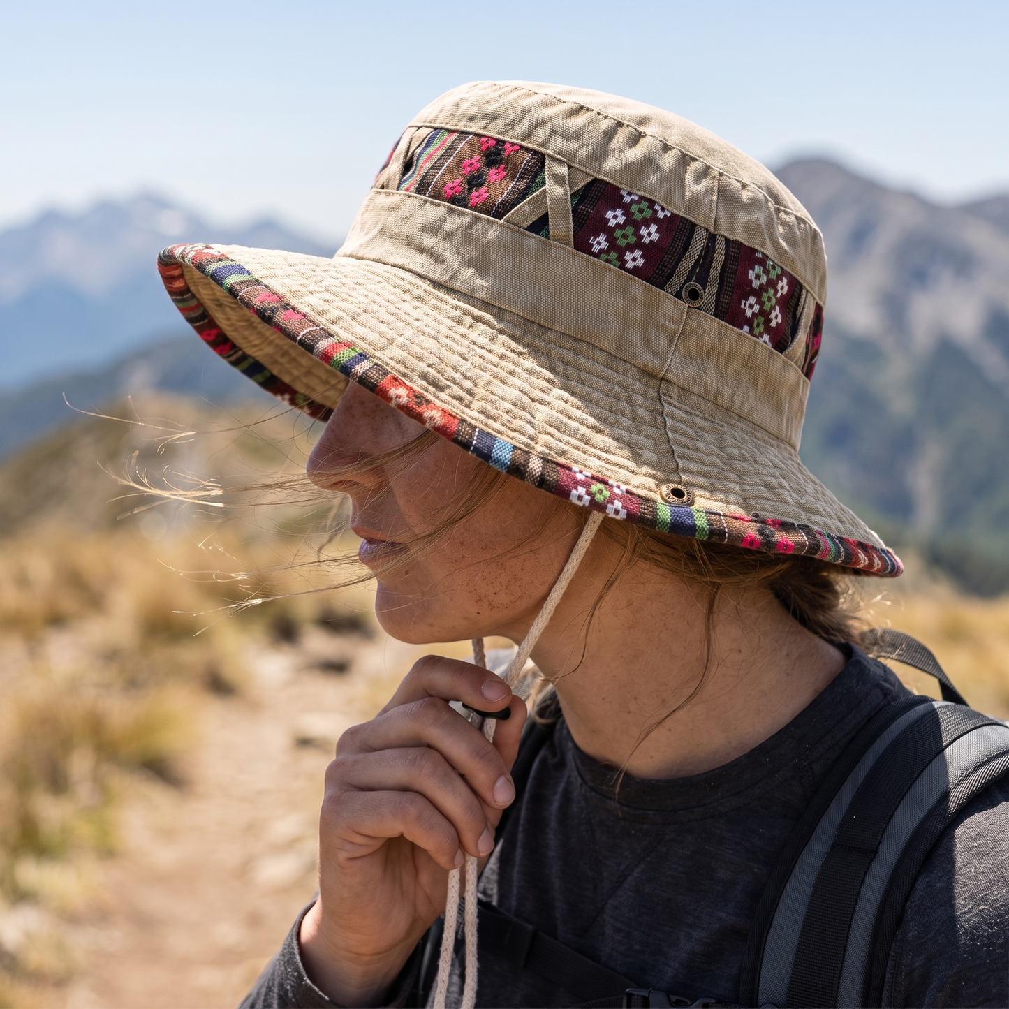 Anti-UV Trekking Hat with Wide Brim and Adjustable Drawstring for Hiking