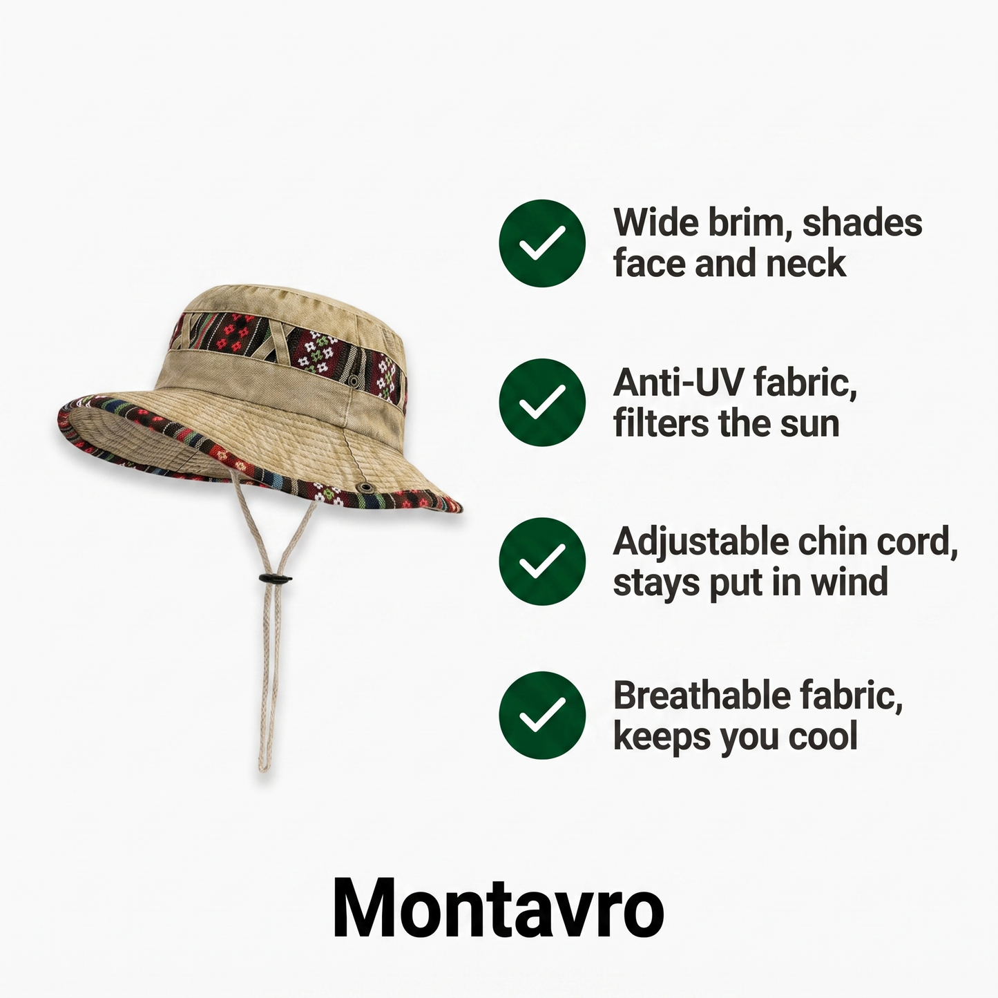 Anti-UV Trekking Hat with Wide Brim and Adjustable Drawstring for Hiking