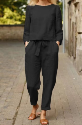 Clara Douce et Polyvalente Ensemble Femme – Haut à Manches Longues et Pantalon Droit Ceinturé