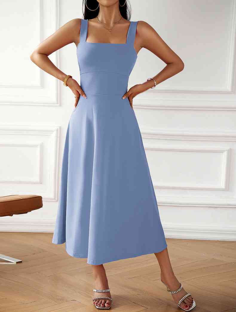 Emma Elegant Midi Dress with Square Neckline and Bow Detail