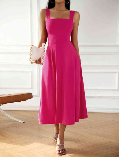 Emma Elegant Midi Dress with Square Neckline and Bow Detail