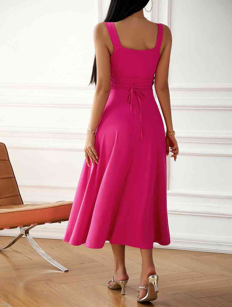 Emma Elegant Midi Dress with Square Neckline and Bow Detail