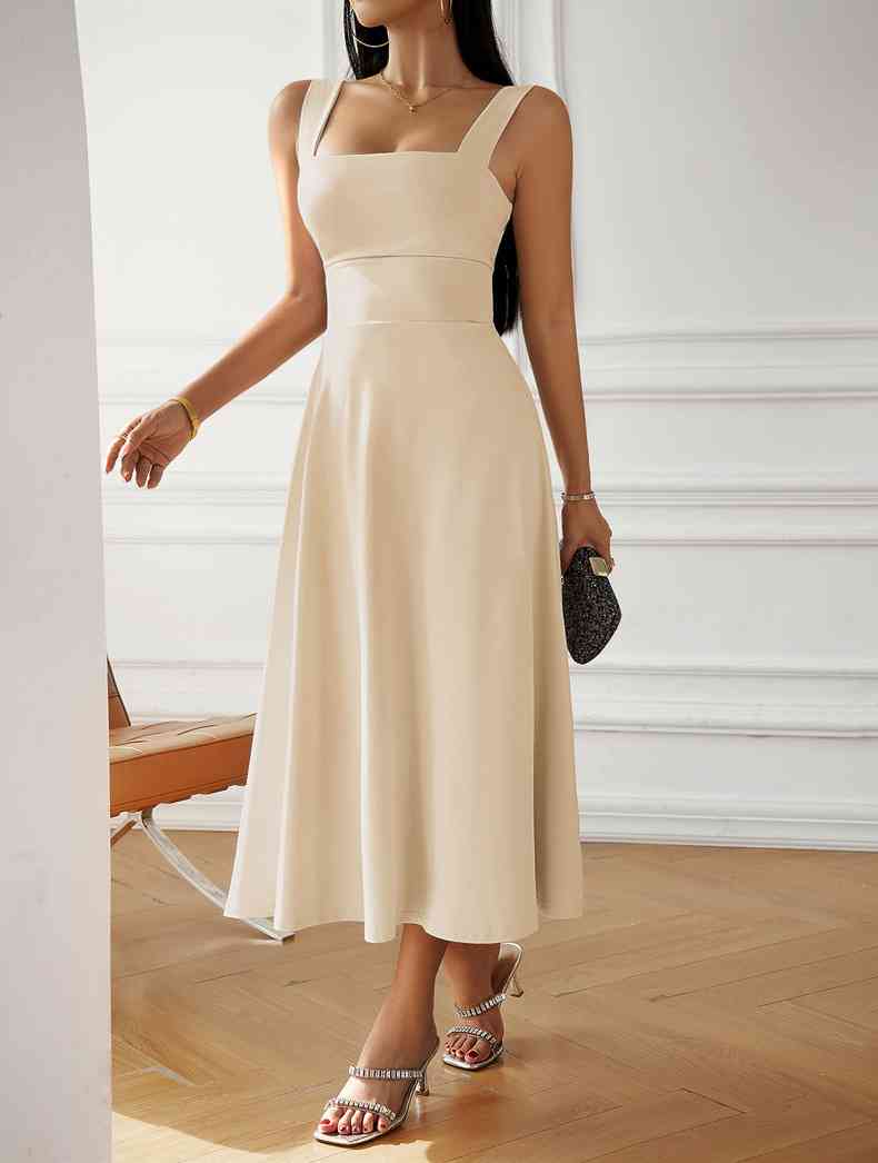 Emma Elegant Midi Dress with Square Neckline and Bow Detail