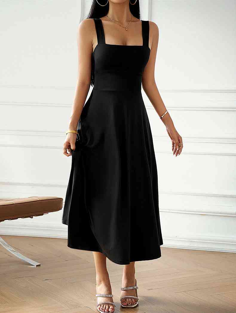 Emma Elegant Midi Dress with Square Neckline and Bow Detail