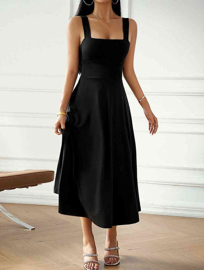 Emma Elegant Midi Dress with Square Neckline and Bow Detail