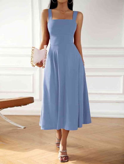 Emma Elegant Midi Dress with Square Neckline and Bow Detail