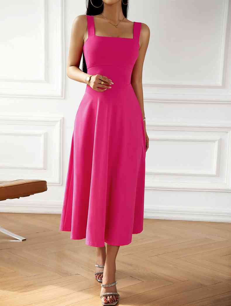 Emma Elegant Midi Dress with Square Neckline and Bow Detail