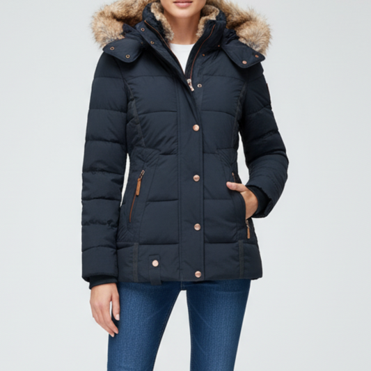 Emma – Elegant hooded down jacket with fur collar