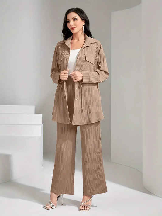 Ensemble Femme – Chemise Boutonnée à Manches Longues & Pantalon Large