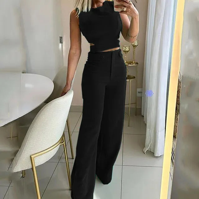 Ensemble Femme – Crop Top Sans Manches et Pantalon Taille Haute