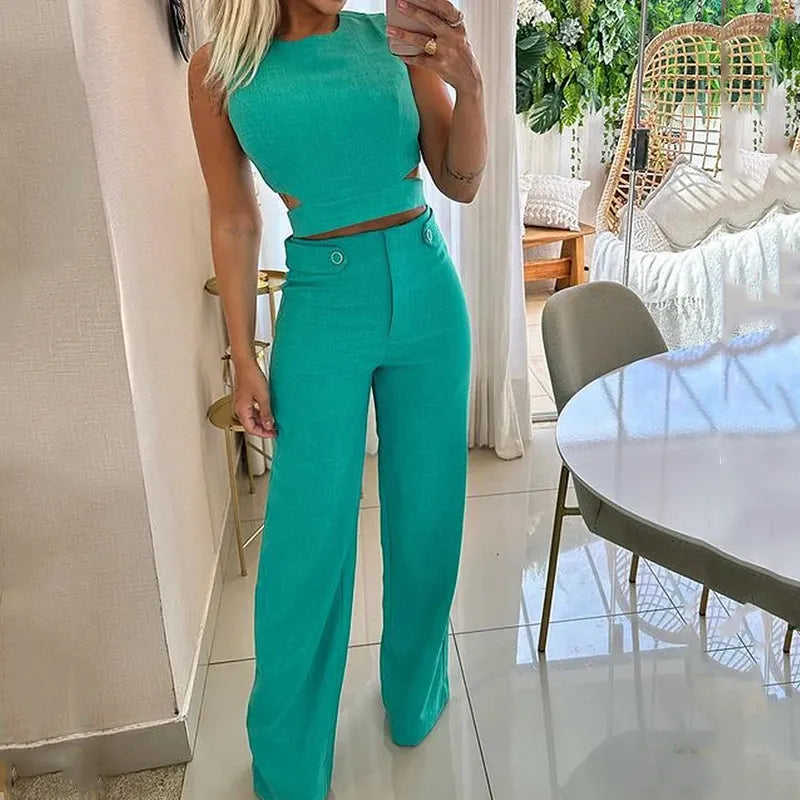 Ensemble Femme – Crop Top Sans Manches et Pantalon Taille Haute