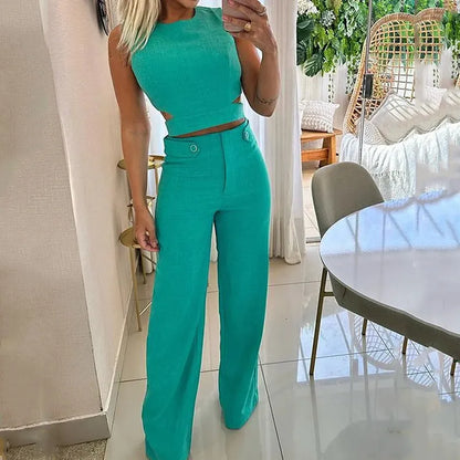 Ensemble Femme – Crop Top Sans Manches et Pantalon Taille Haute