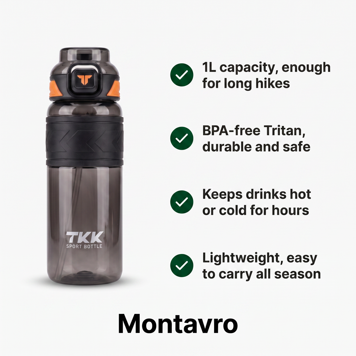 1L Tritan Hiking Water Bottle, Insulated and Durable