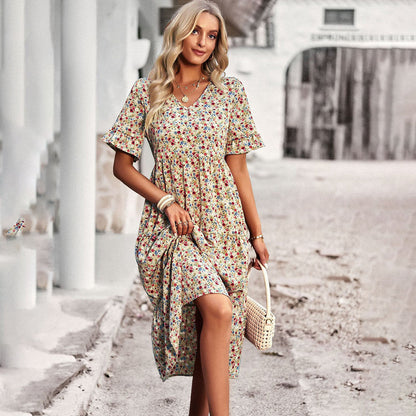 Léa – Robe Midi Bohème Légère à Imprimé Fleuri et Décolleté en V