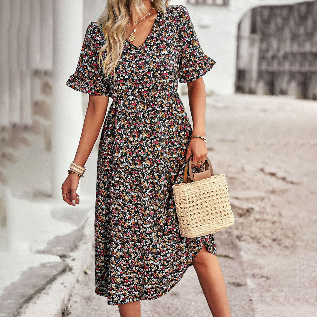 Léa – Robe Midi Bohème Légère à Imprimé Fleuri et Décolleté en V