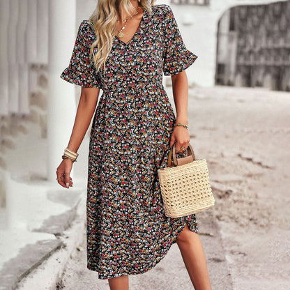 Léa – Robe Midi Bohème Légère à Imprimé Fleuri et Décolleté en V