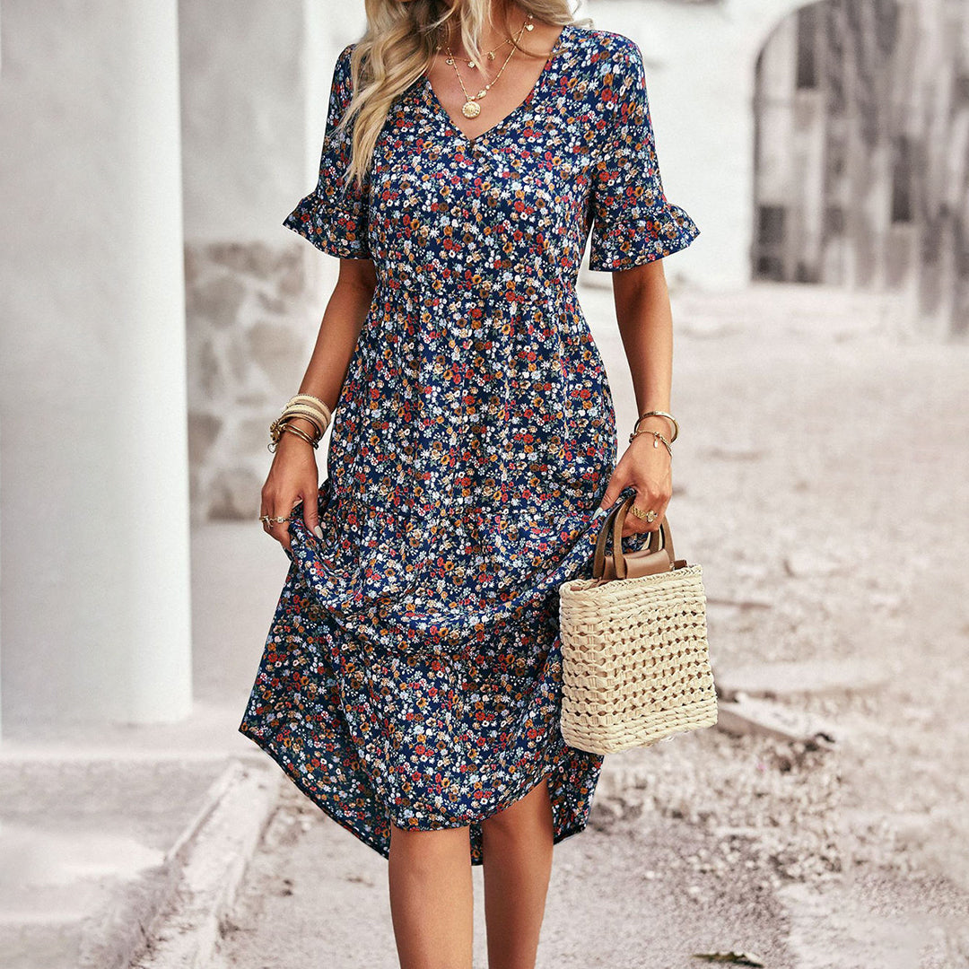 Léa – Robe Midi Bohème Légère à Imprimé Fleuri et Décolleté en V