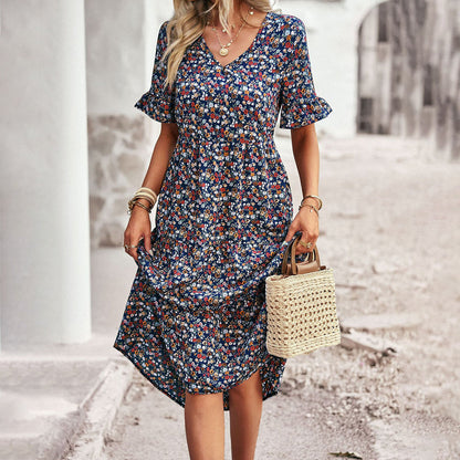 Léa – Robe Midi Bohème Légère à Imprimé Fleuri et Décolleté en V