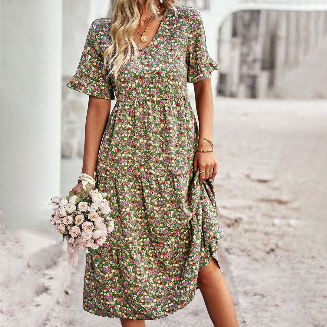 Léa – Robe Midi Bohème Légère à Imprimé Fleuri et Décolleté en V