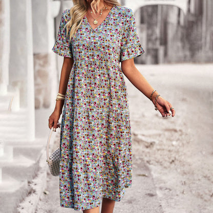 Léa – Robe Midi Bohème Légère à Imprimé Fleuri et Décolleté en V